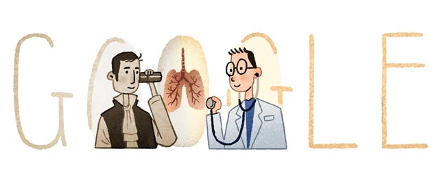 René Laënnec und ein heutiger Arzt untersuchen das Google Logo