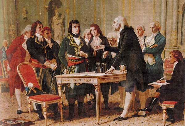 Allessandro Volta präsentiert Napoleon die Volta-Säule